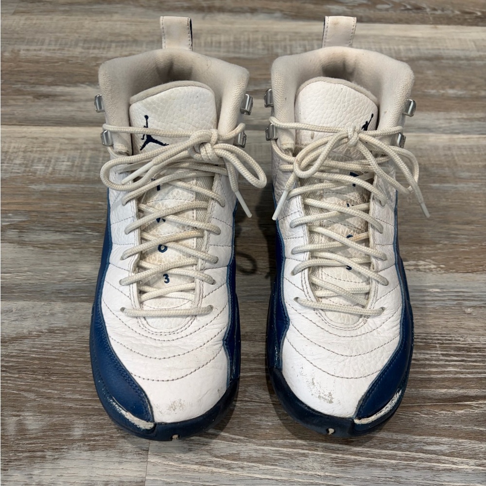 Nike Jordan 12 White and Navy High-Top Basketball Sneakers